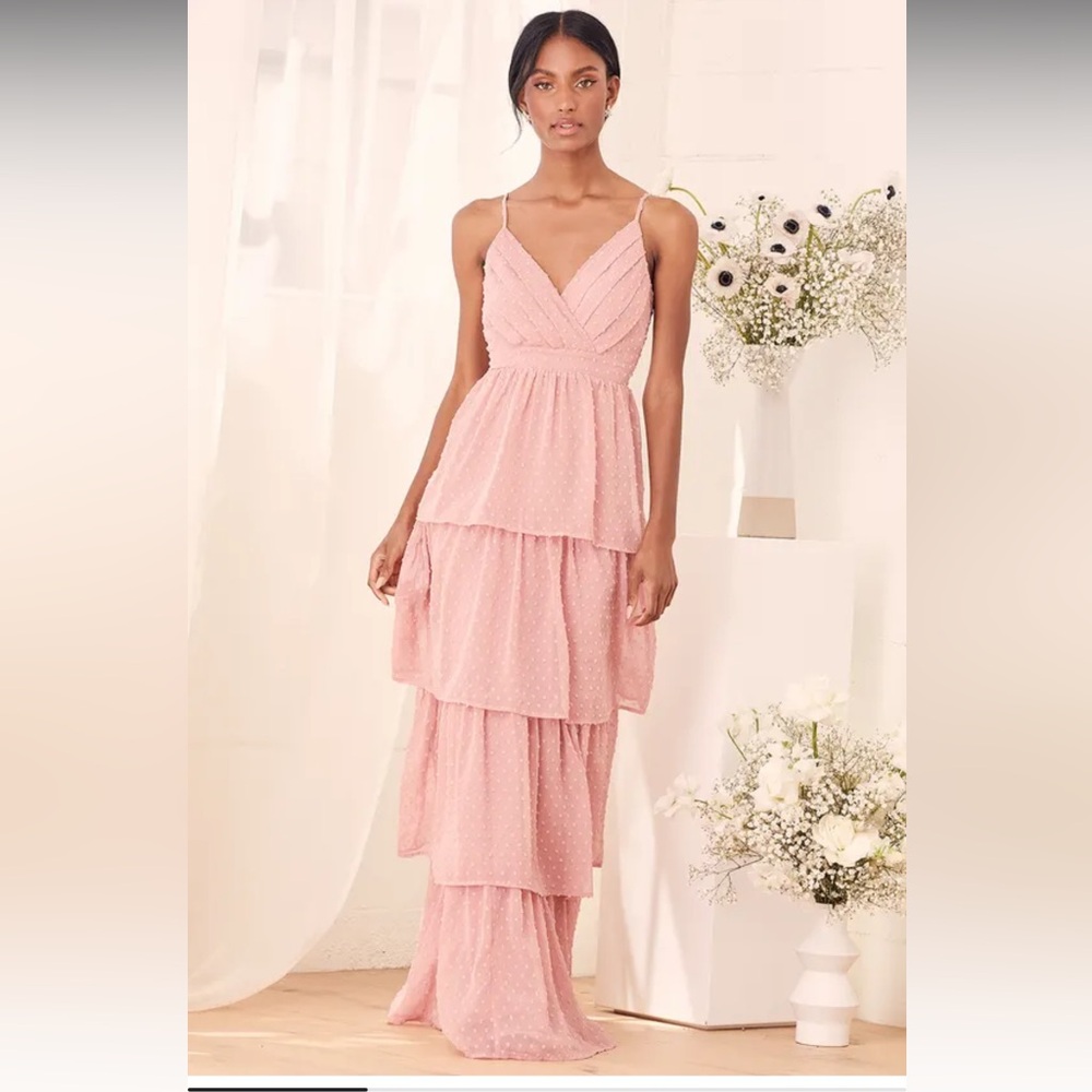 Lulus Rose Swiss Dot Tiered Maxi Dress
